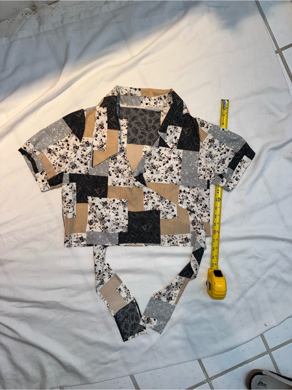 Patchwork floral wrap blouse